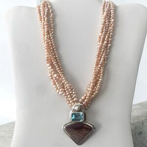 Echo of the Dreamer Vintage Pink Pearl Agate Silver Aquamarine Pendant Necklace